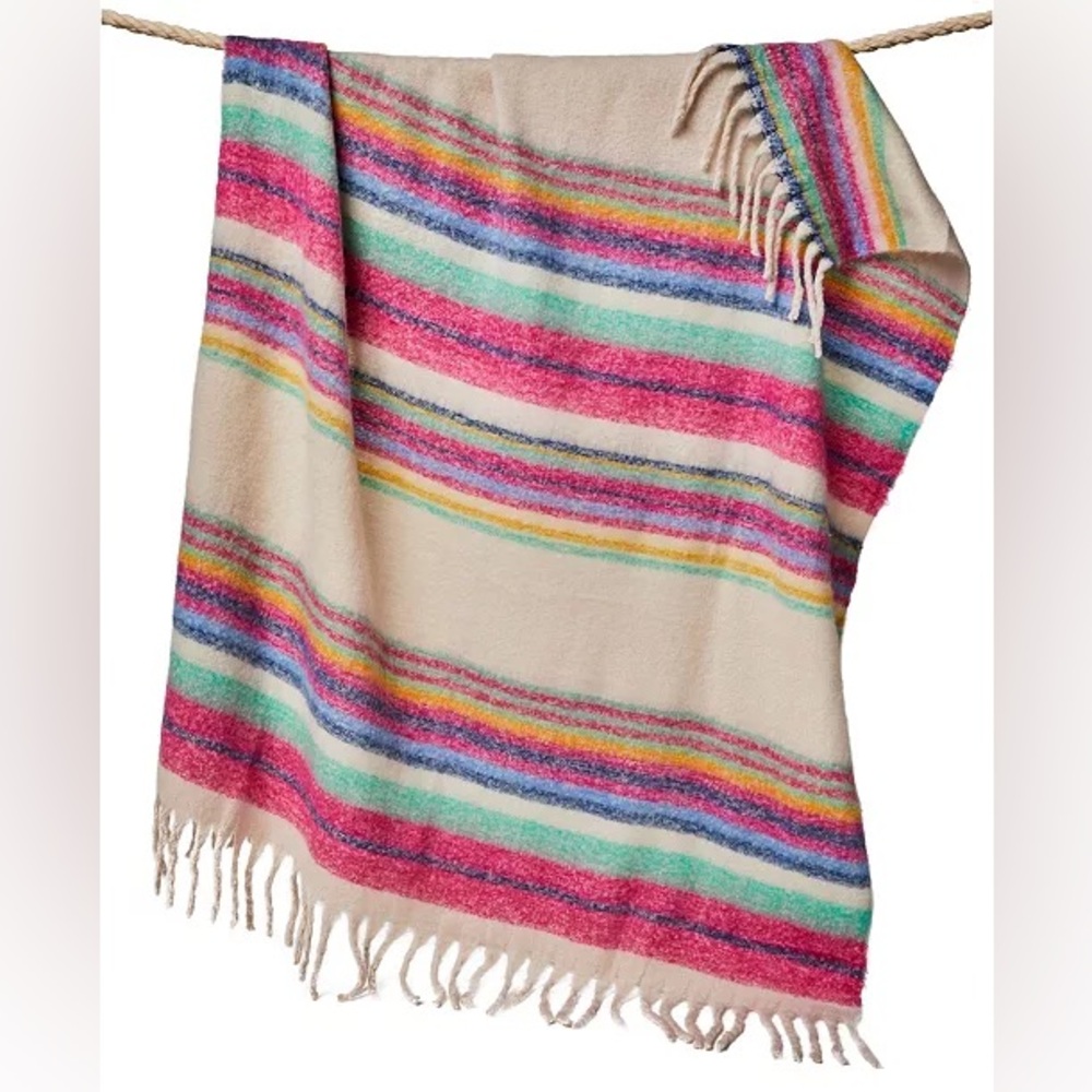 NWOT Free People Skye Stripe Fringe Throw Blanket Multi Color Pink White 60x55